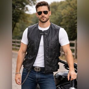 Black Men's Motorcycle Leather Vest